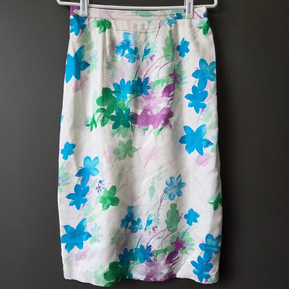 Vintage Adrianna Papell 100% Silk Floral Skirt Set Blue Green Purple Womens 8 - Picture 7 of 13